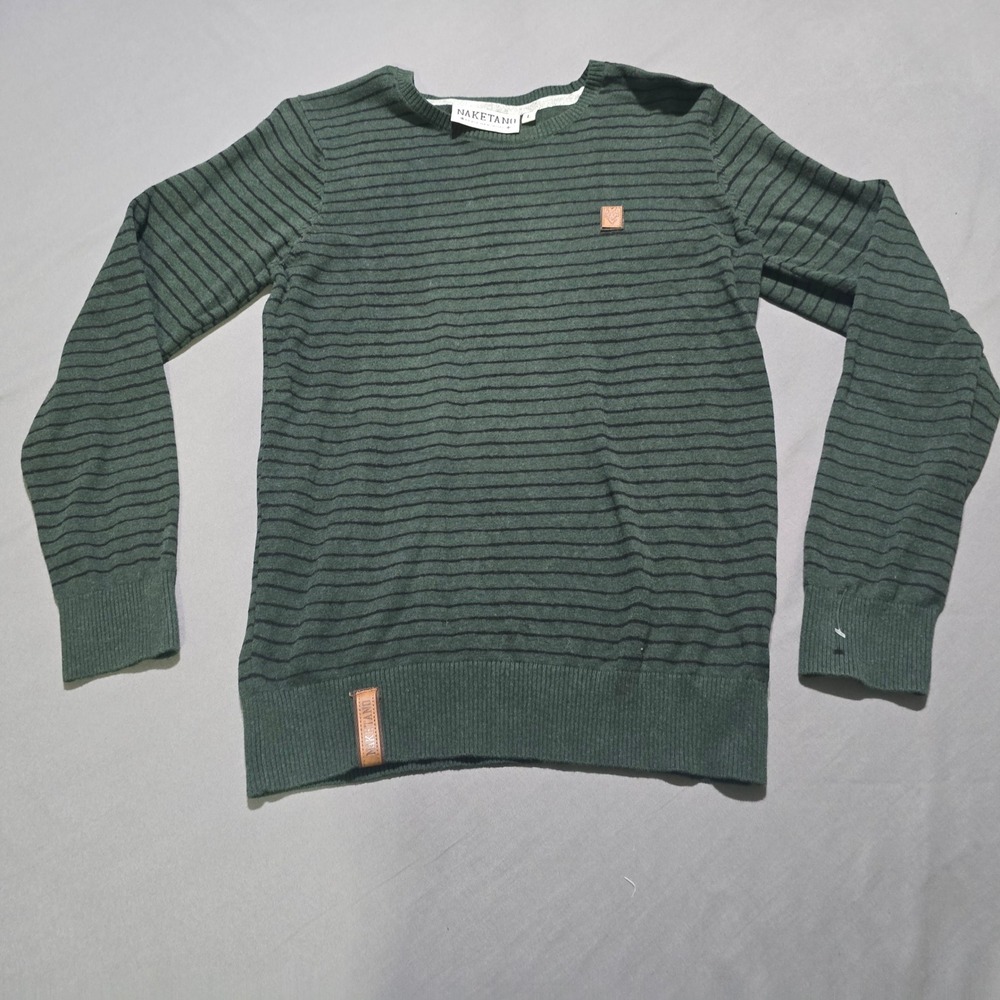 Naketano Sweater Mens Large Green Striped Cotton Knit Faux Leather Patch UR72